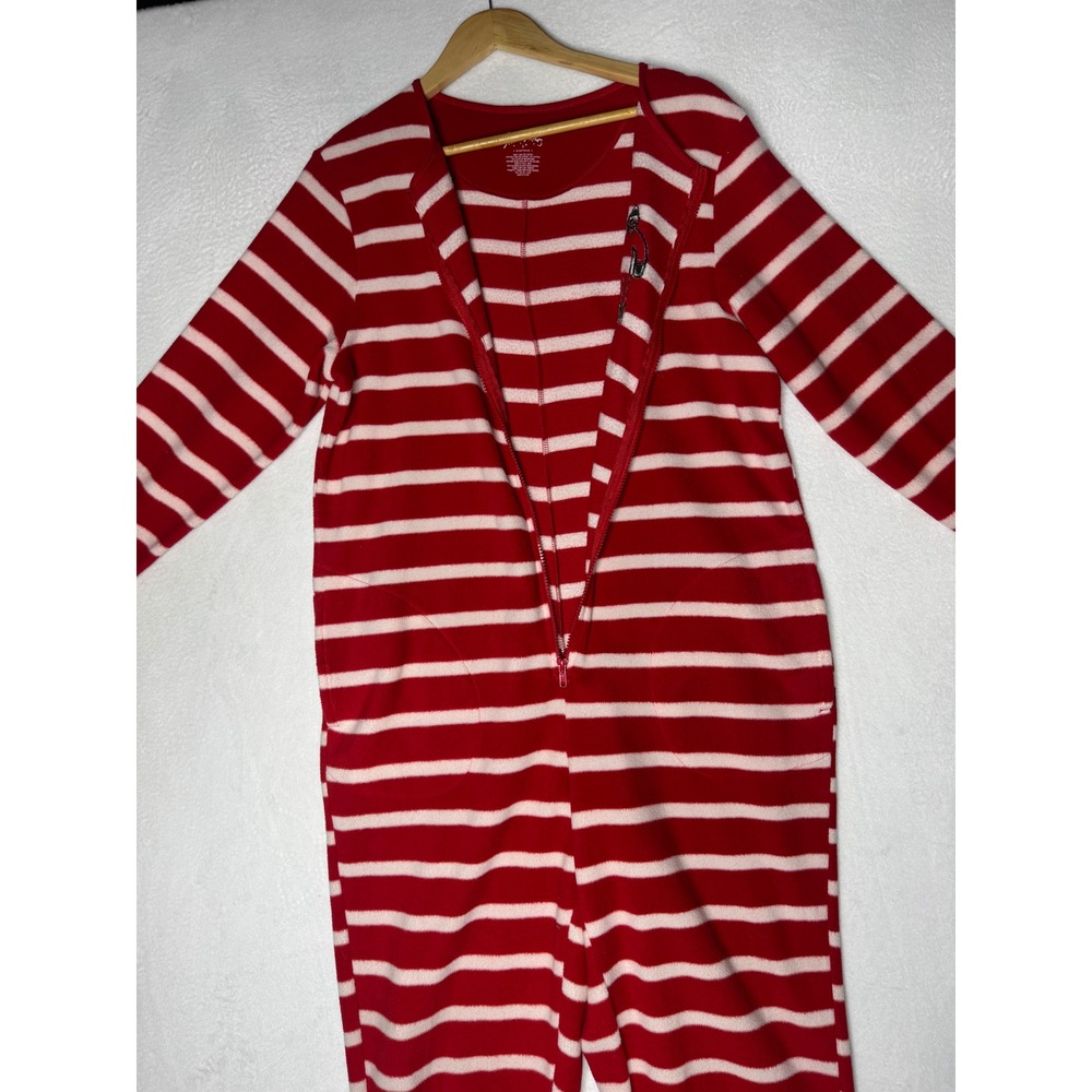 Nick & Nora Sock Monkey Footed One Piece Pajamas Small Red White Striped Fleece - Picture 3 of 7